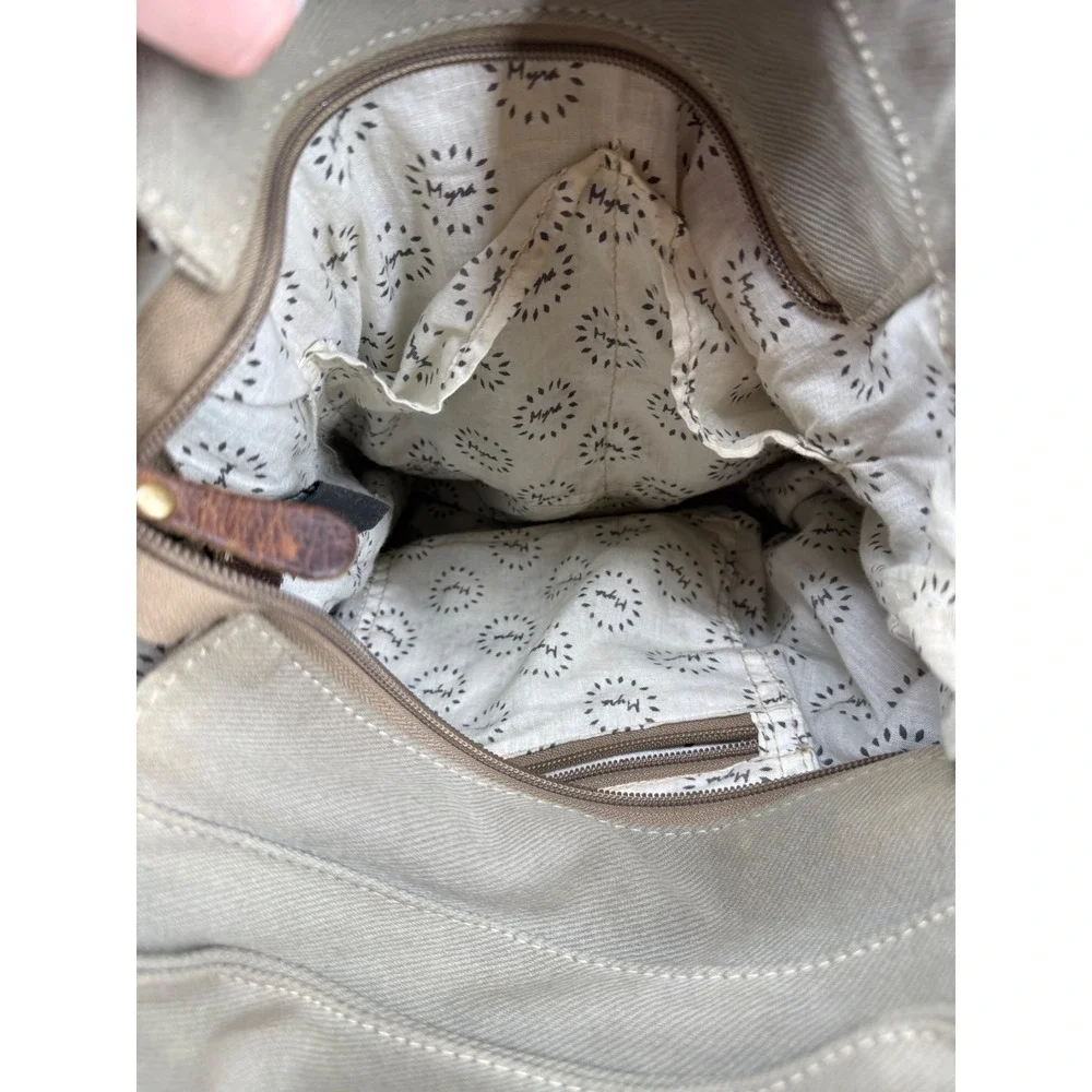 Myra Bag Felicity Backpack Upcycled Canvas Leather Rug Backpack Brown Tan